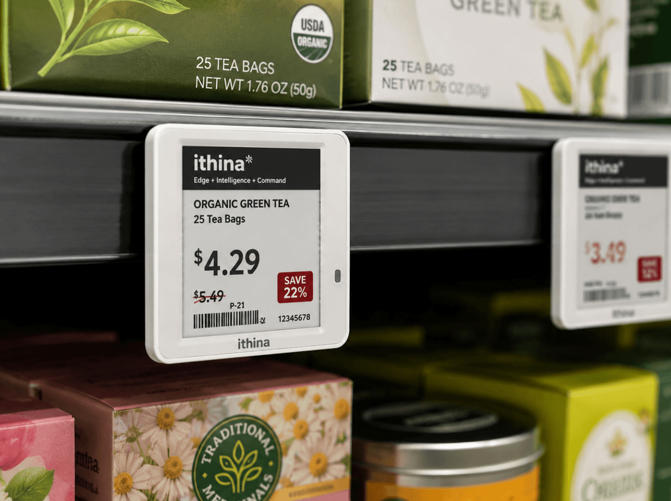Ithina electronic shelf label showing a reduced price on a tea shelf