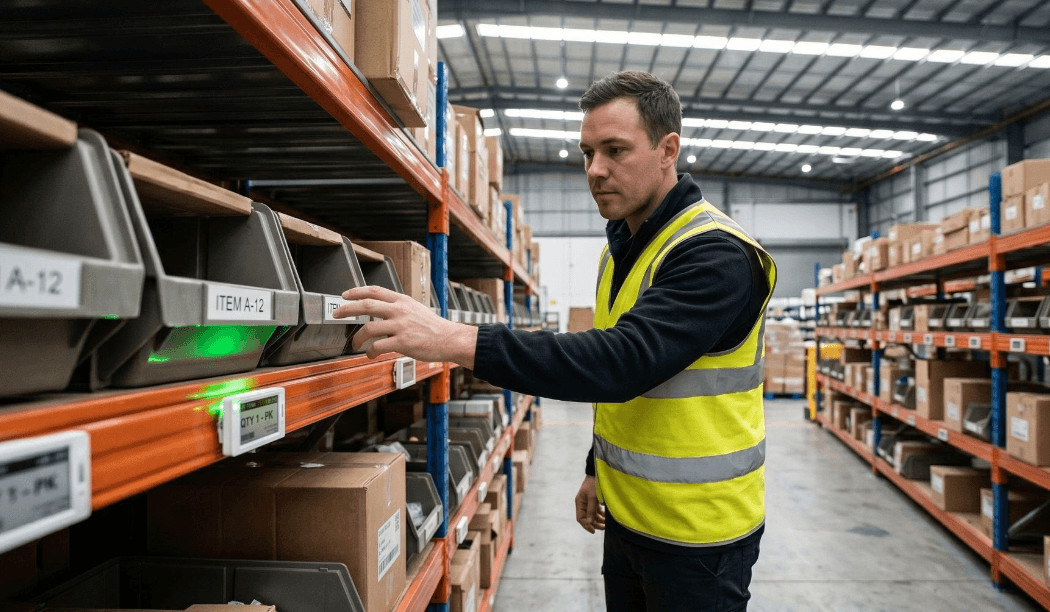 Warehouse worker picking from a rack lit by a shelf-edge label