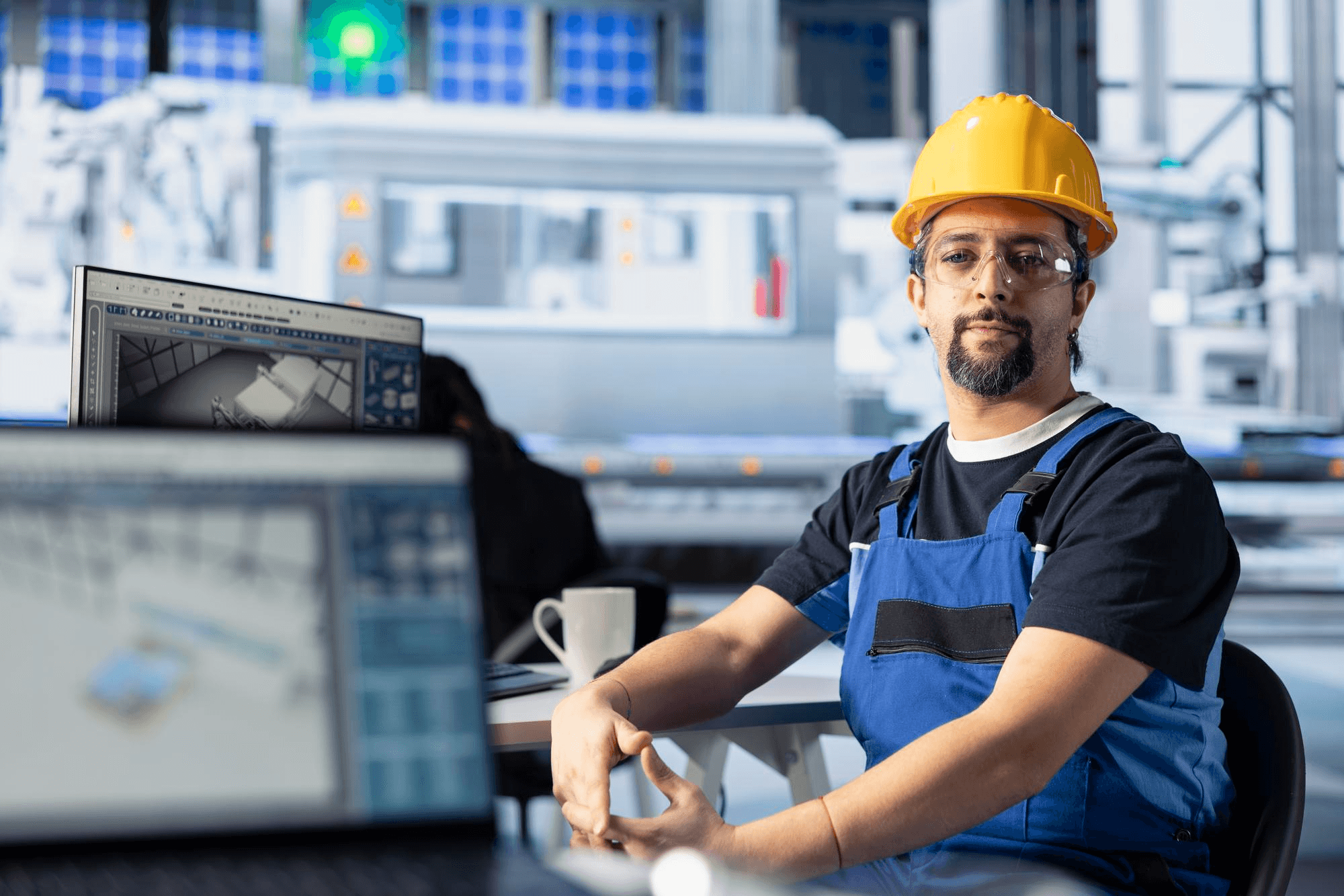 Engineer at a workstation beside an automated production line